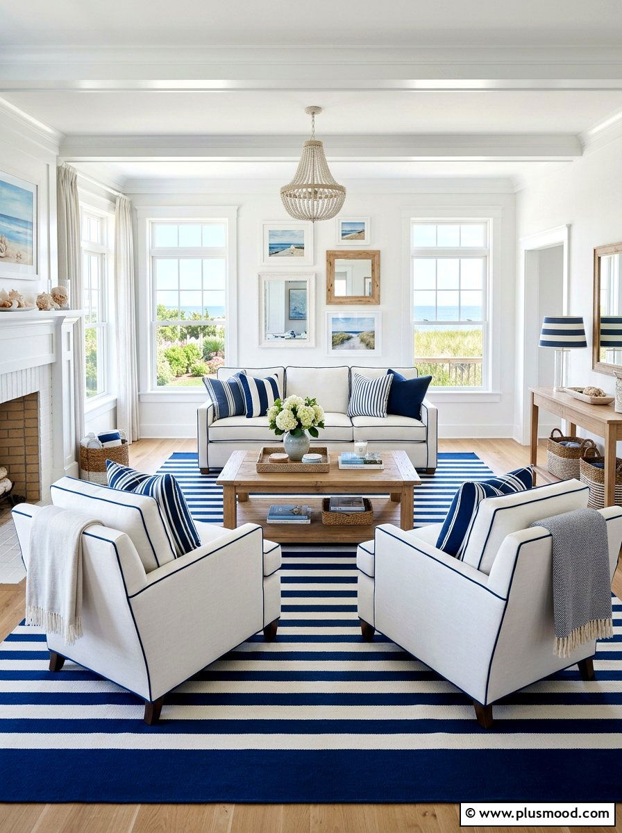 Blue and white striped living room - 25 blue summer living room ideas