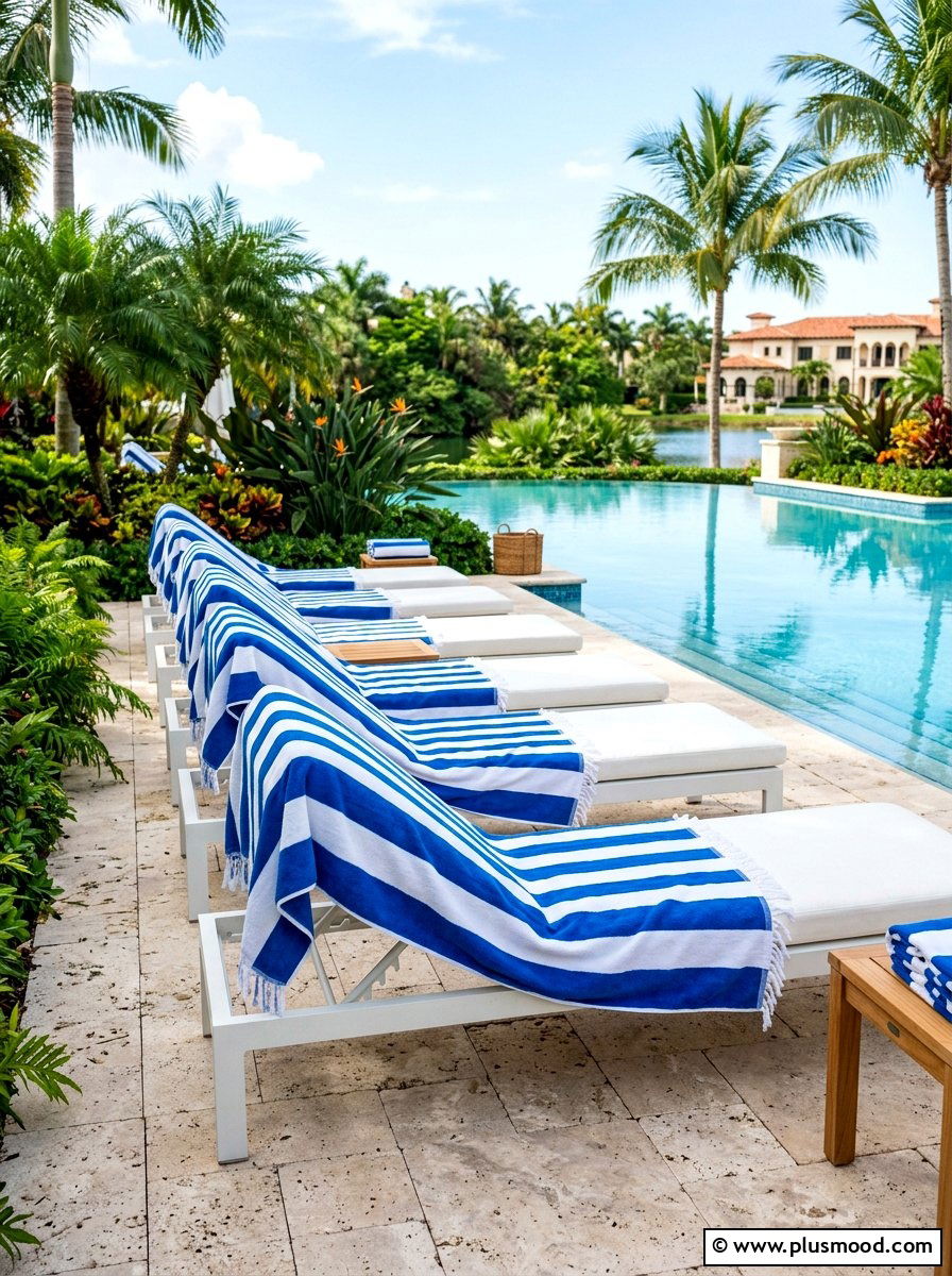 Blue and white striped pool towels - 25 summer white and blue pool decor ideas