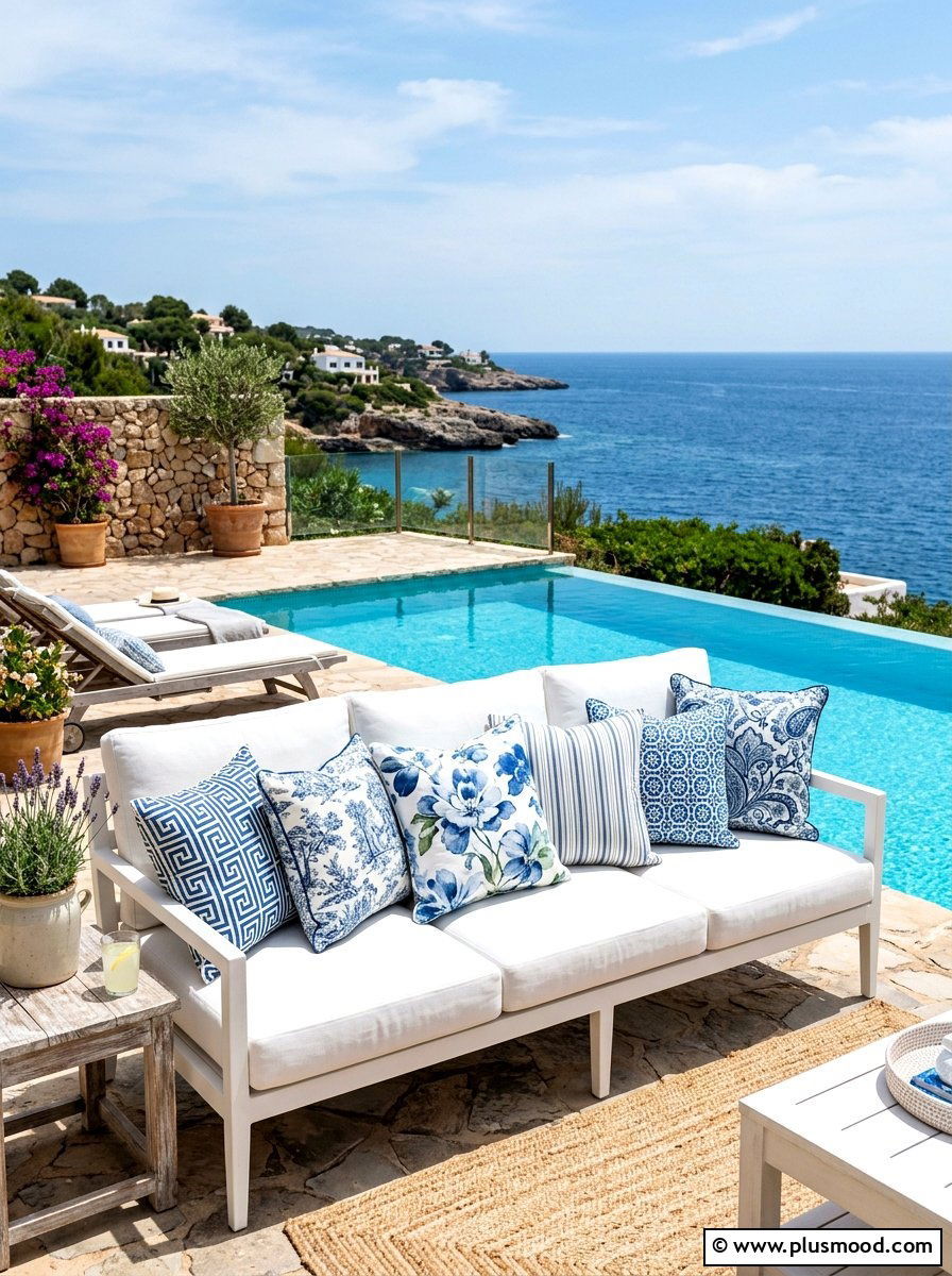 Blue and white throw pillows - 25 summer white and blue pool decor ideas