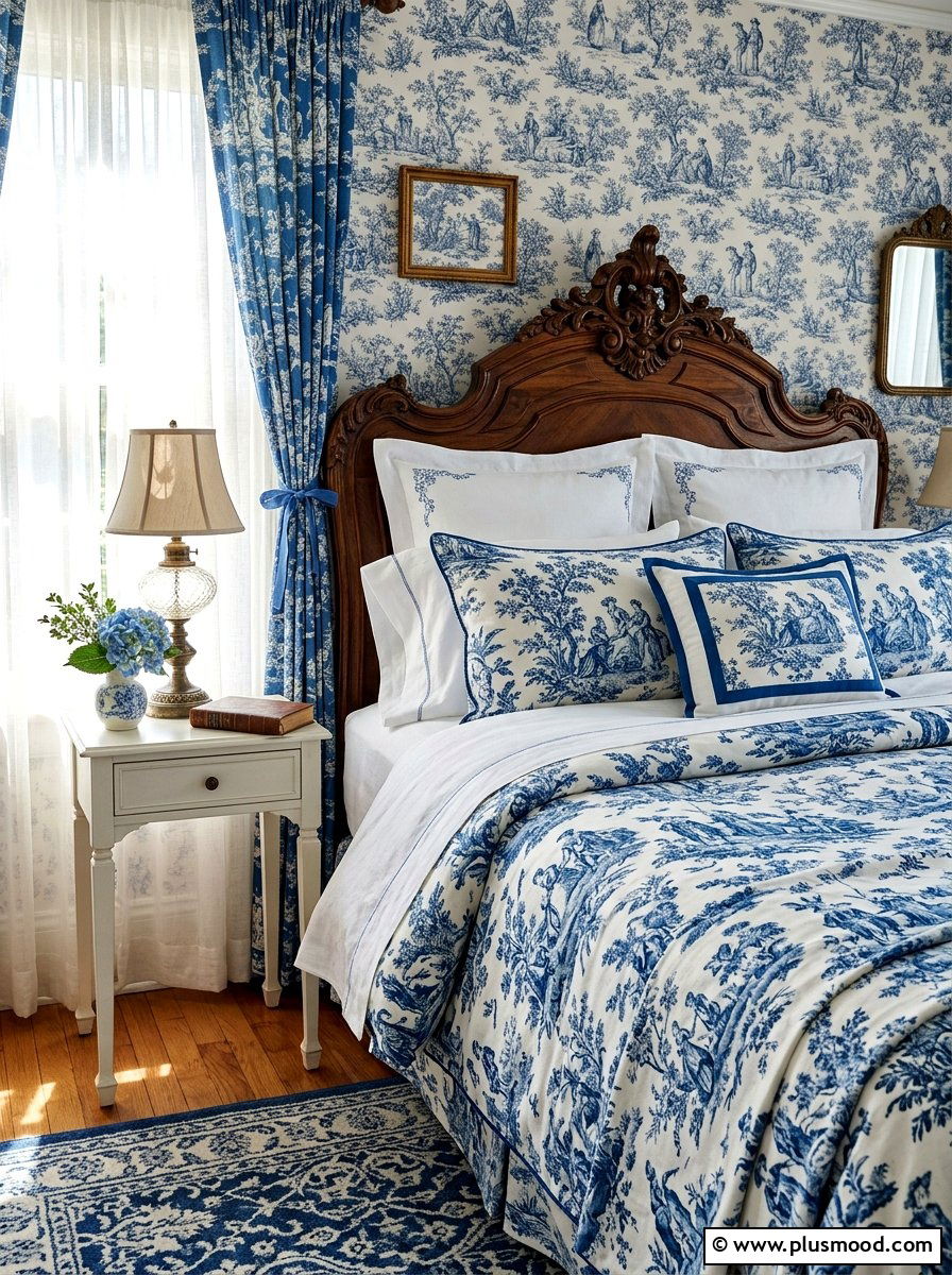 Blue and white toile bedroom - 25 summer French country summer decor ideas