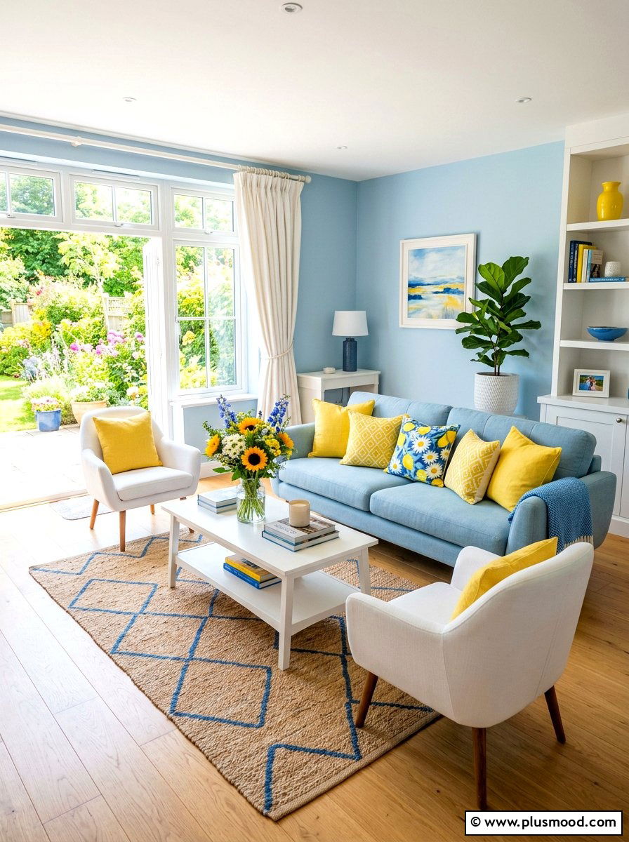 Blue and yellow living room - 25 blue summer living room ideas