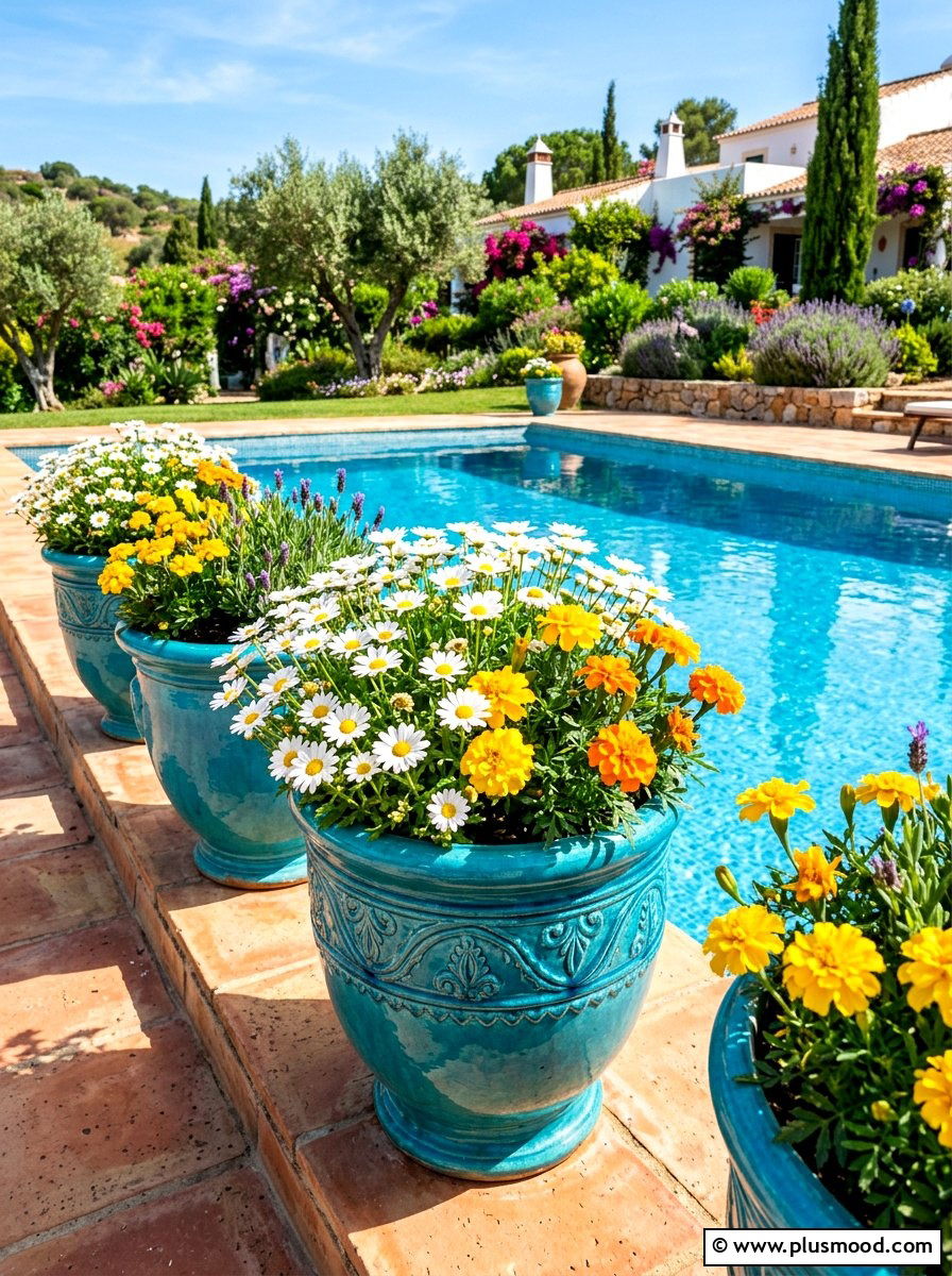 Blue ceramic flower planter - 25 summer poolside planter ideas