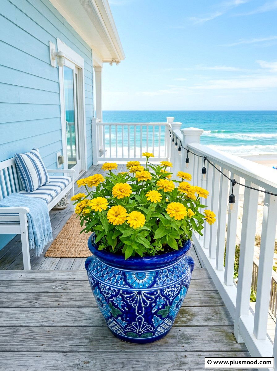 Blue ceramic flower pot - 25 summer front porch planter ideas
