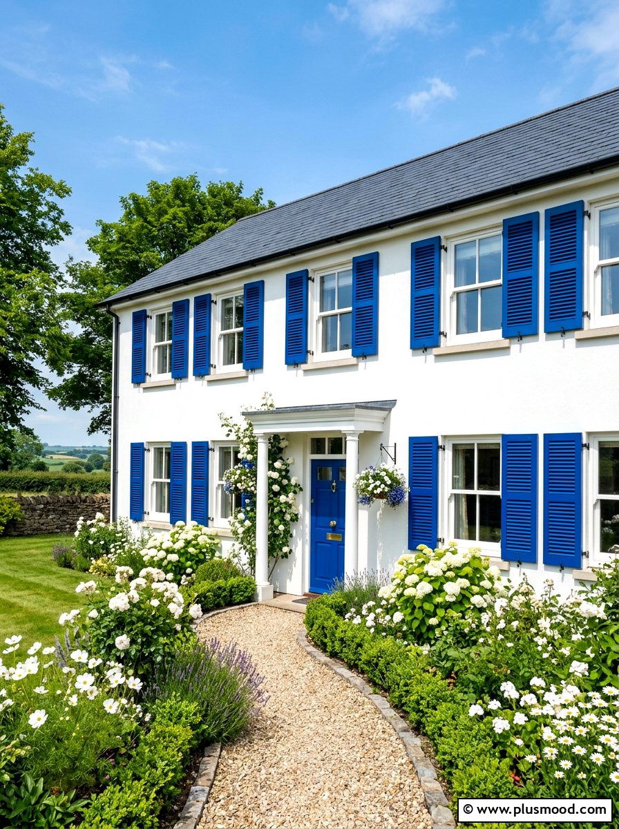 Blue exterior shutters - 25 summer blue and white decor ideas
