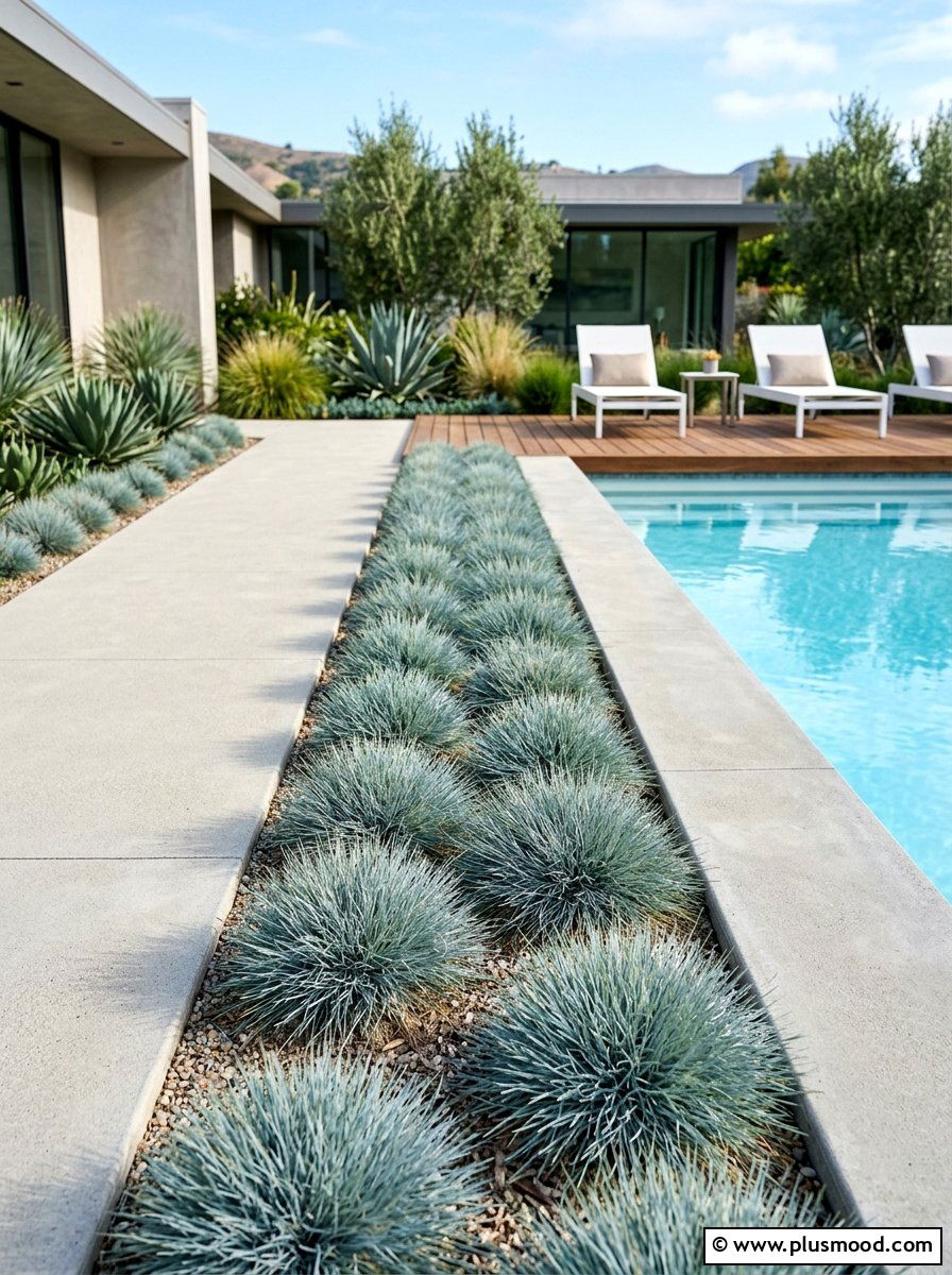Blue fescue pool border - 25 pool landscaping ideas with ornamental grasses