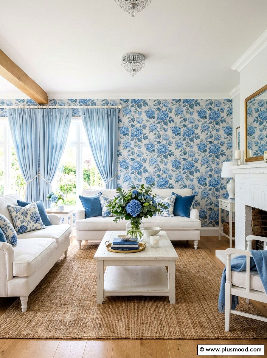 Blue floral living room - 25 blue summer living room ideas