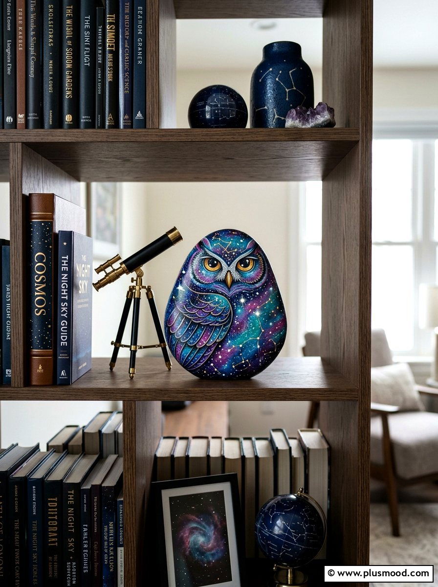 Blue galaxy owl - 25 painted rock ideas with owls