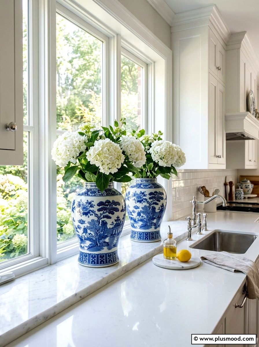 Blue ginger jars - 25 summer kitchen window decor ideas
