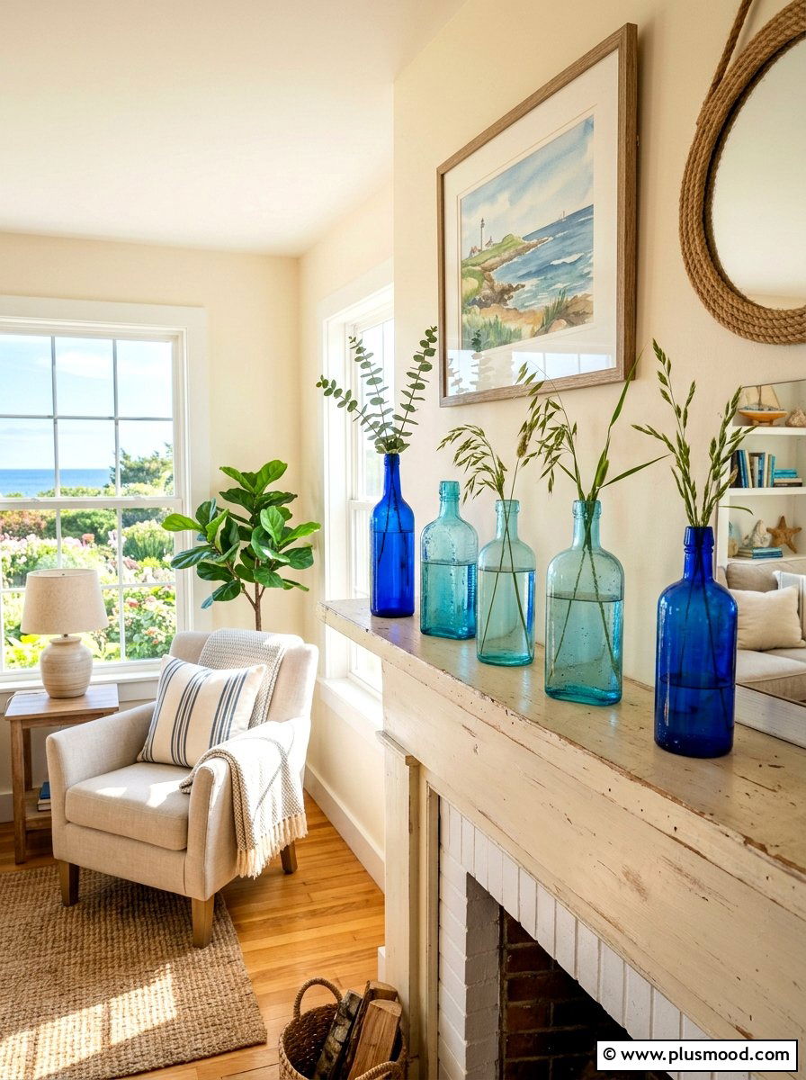 Blue glass bottle decor - 25 summer family room decor ideas