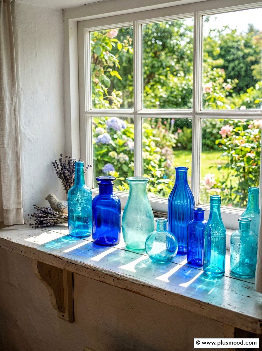 Blue glass bottle decor - 25 summer decor ideas with blue and white