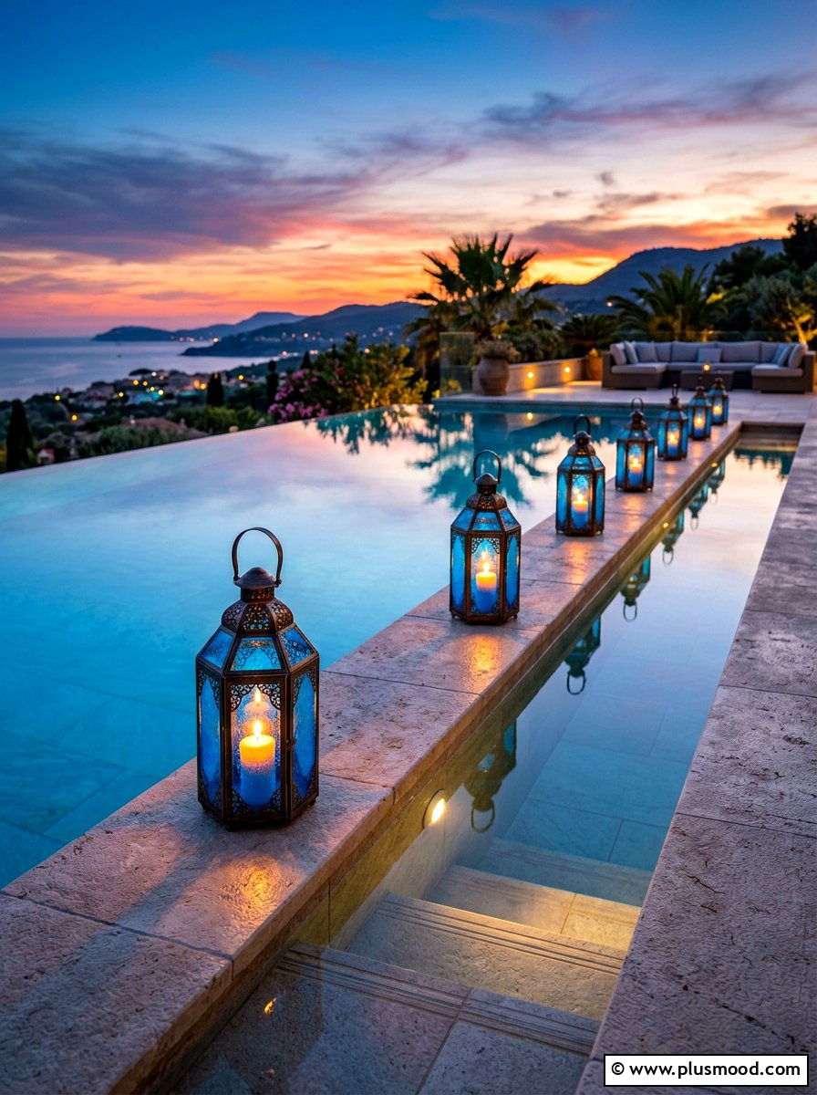 Blue glass pool lanterns - 25 summer white and blue pool decor ideas