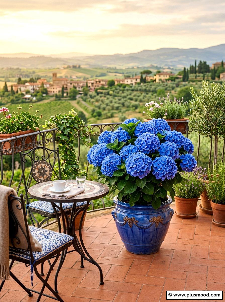 Blue hydrangea balcony pot - 25 summer balcony flower ideas