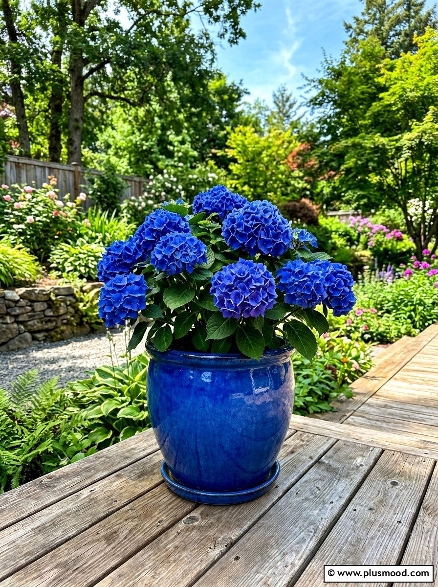 Blue hydrangea ceramic planter - 25 summer monochrome planter ideas