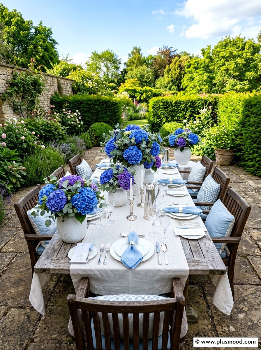 Blue hydrangea dinner table - 25 summer dinner party table ideas