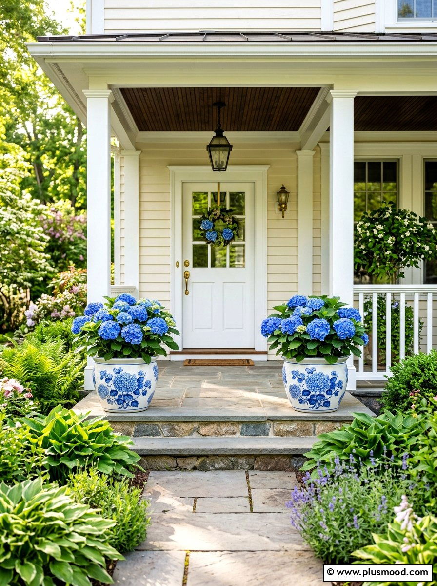 Blue hydrangea porch planters - 25 summer front porch decor ideas with hydrangeas
