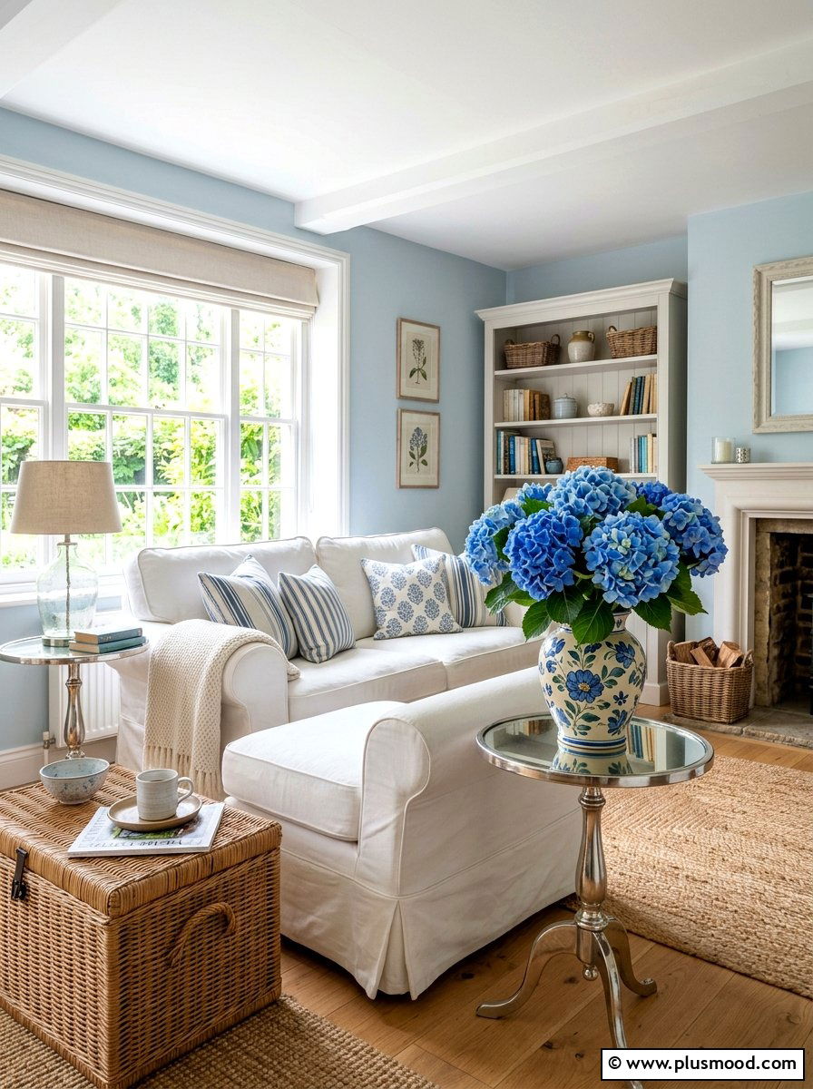 Blue hydrangea vase - 25 summer floral decor ideas for living room