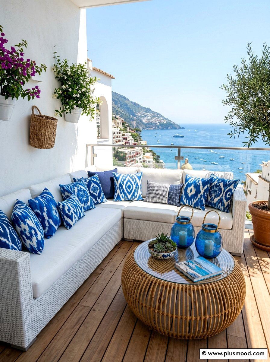 Blue ikat pattern pillows - 25 summer decor ideas with blue and white
