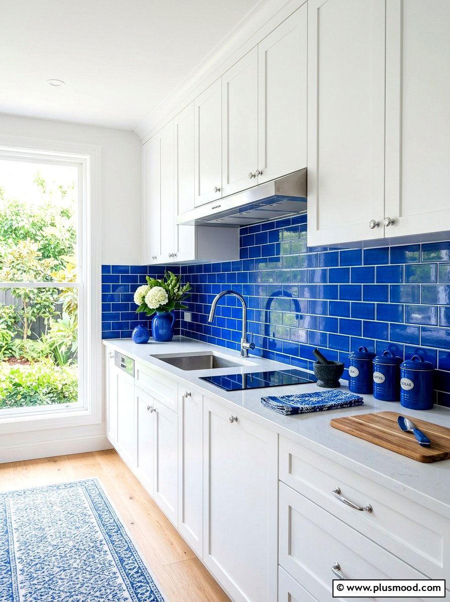Blue kitchen backsplash - 25 summer blue and white decor ideas