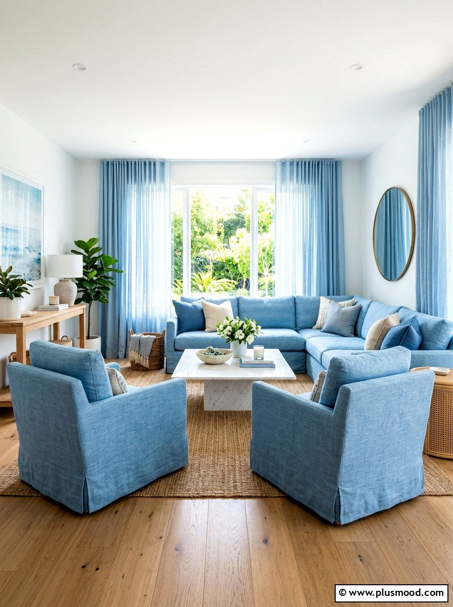 Blue linen living room - 25 blue summer living room ideas