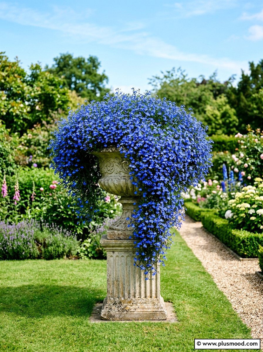 Blue lobelia garden urn - 25 summer monochrome planter ideas