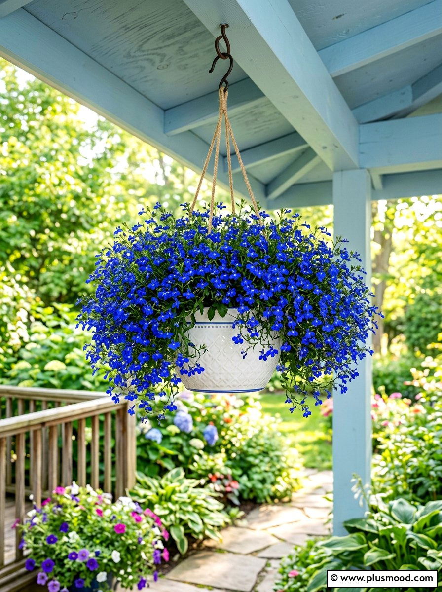 Blue lobelia hanging basket - 25 summer front porch decor ideas with hanging baskets