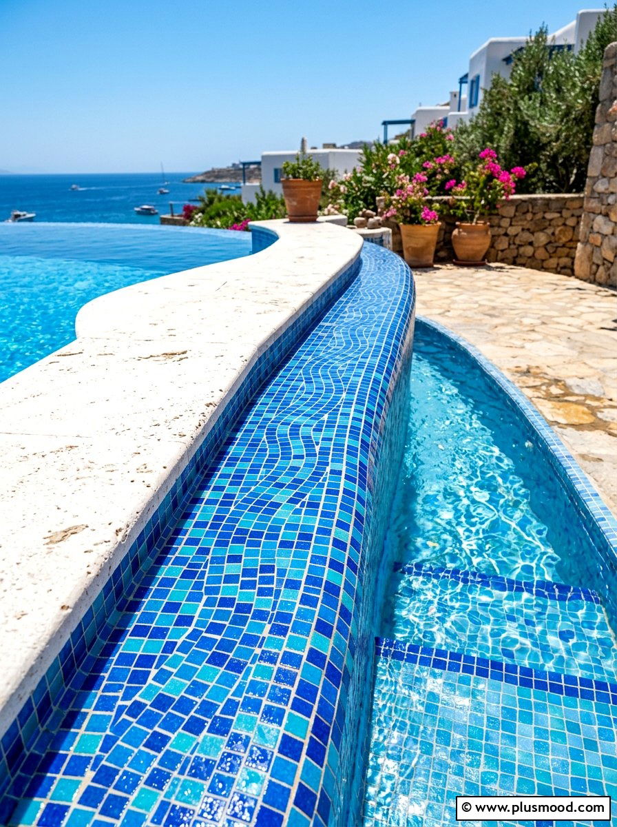 Blue mosaic pool tile border - 25 summer white and blue pool decor ideas