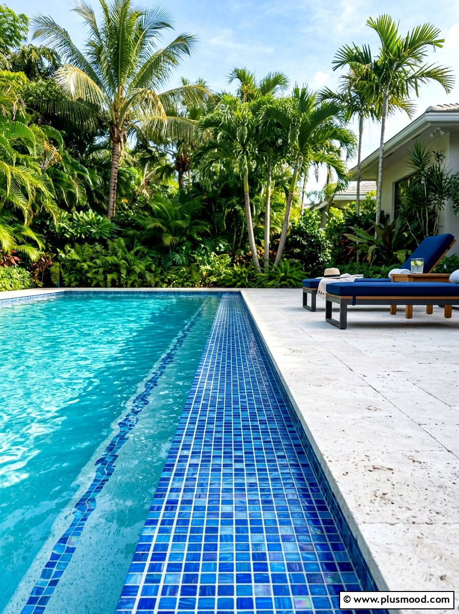 Blue mosaic pool waterline - 25 pool landscaping ideas with tile accents