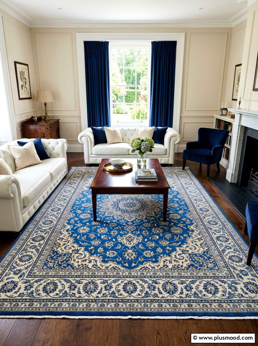 Blue patterned rug living room - 25 blue summer living room ideas