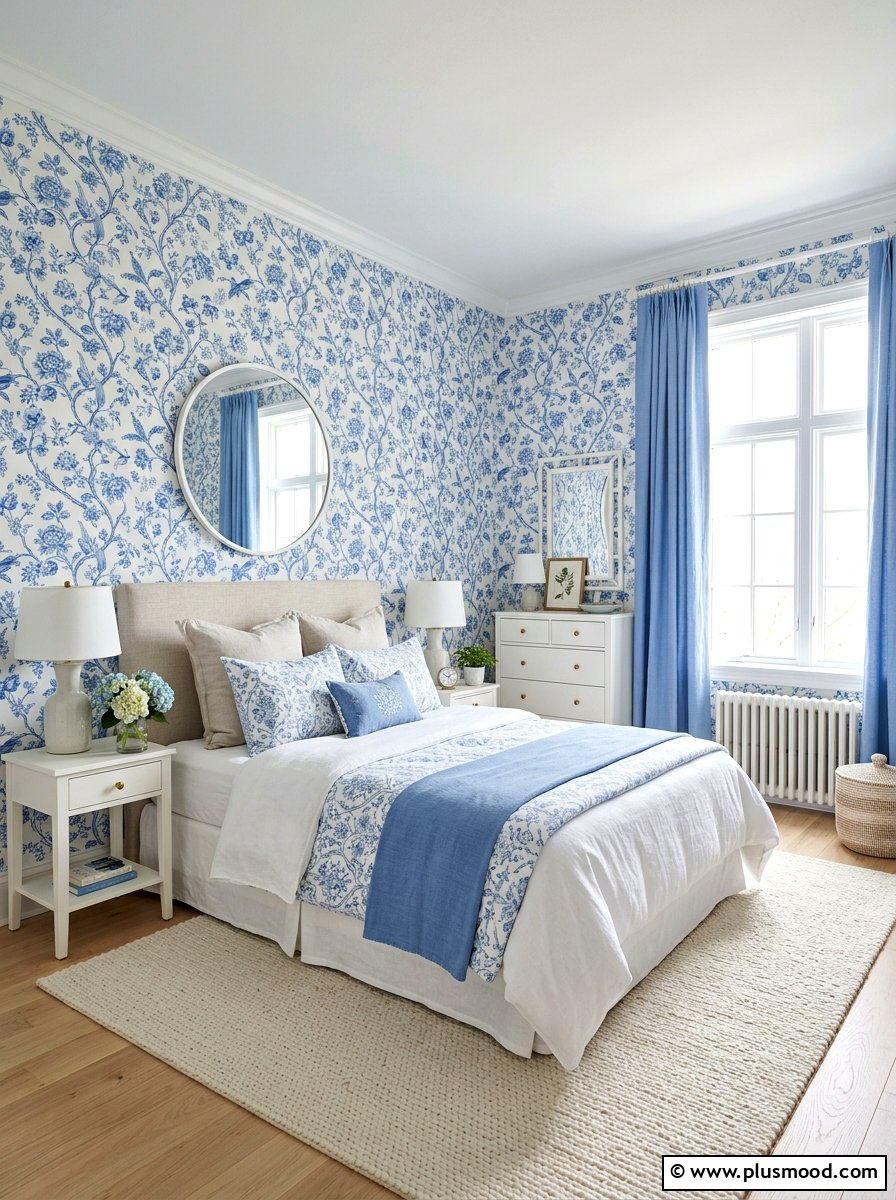 Blue patterned wallpaper - 25 summer blue and white decor ideas