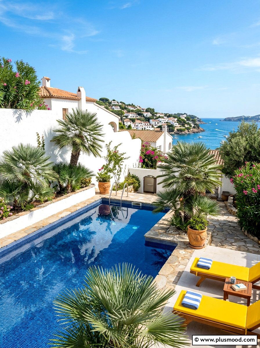 Blue tile pool with european fan palms - 25 pool landscaping ideas with palm trees