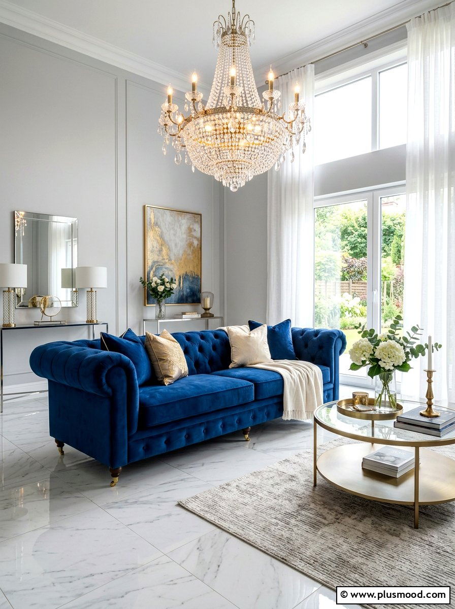 Blue velvet sofa living room - 25 blue summer living room ideas