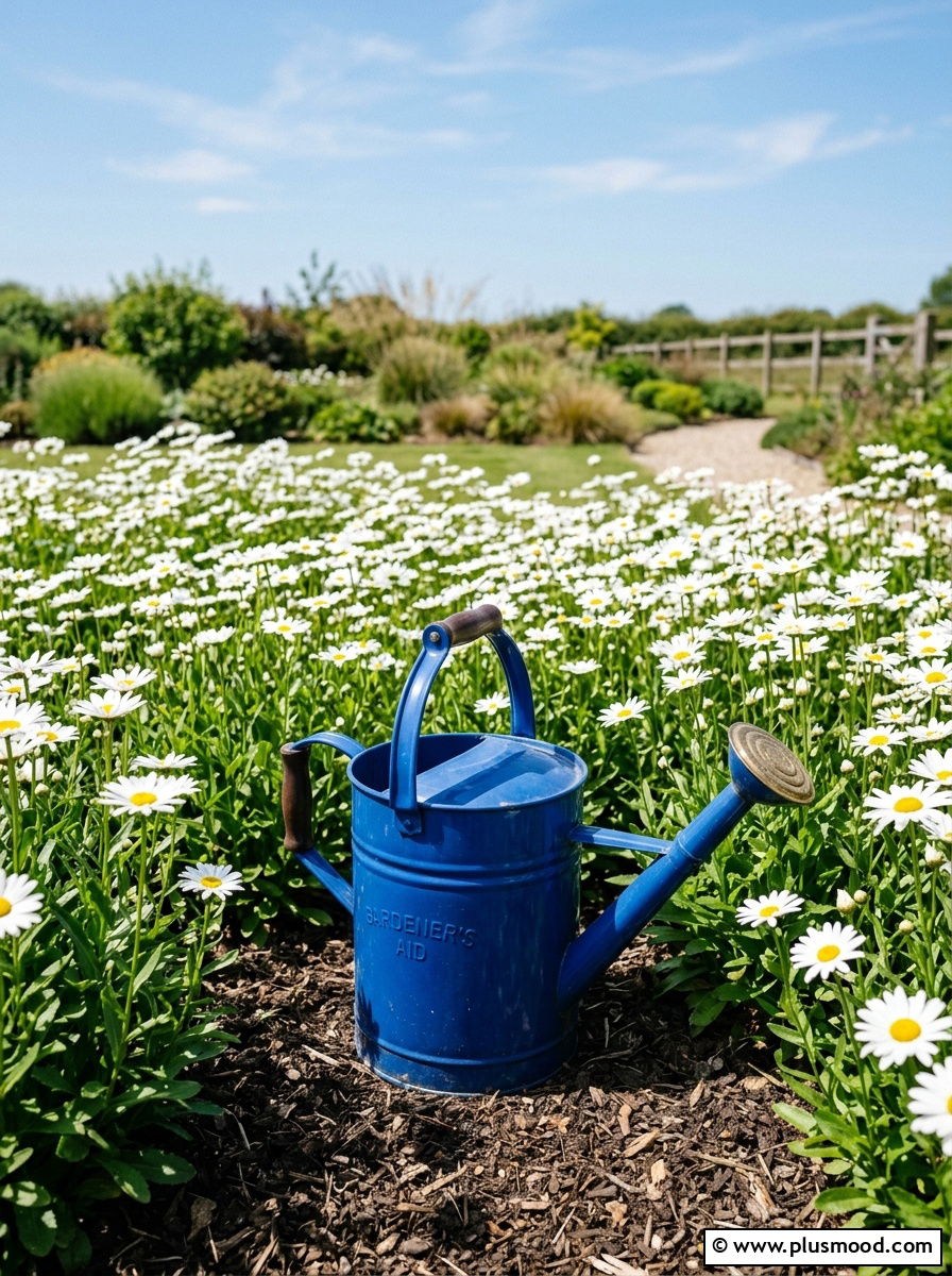 Blue watering can focal point - 25 outdoor garden decor ideas with watering cans