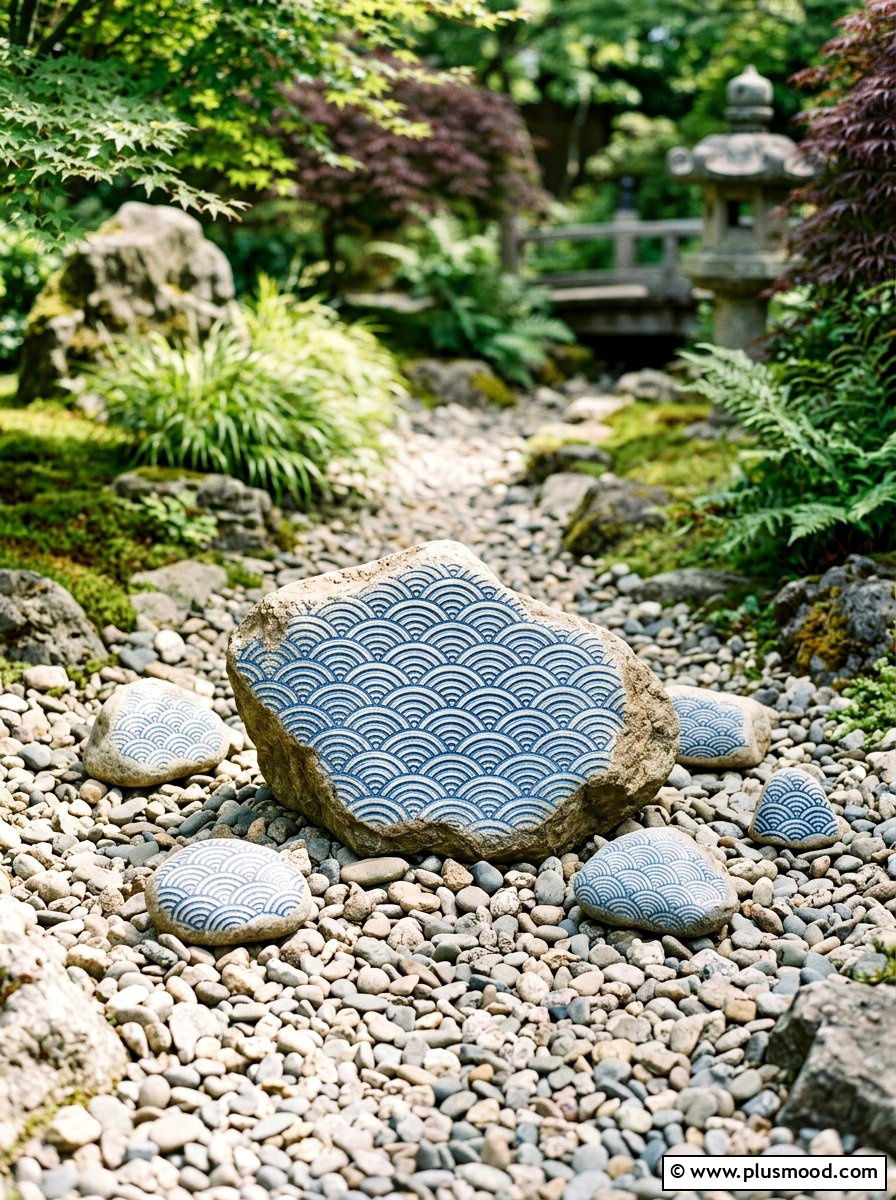 Blue wave pattern stone - 25 painted rock ideas for Japanese garden