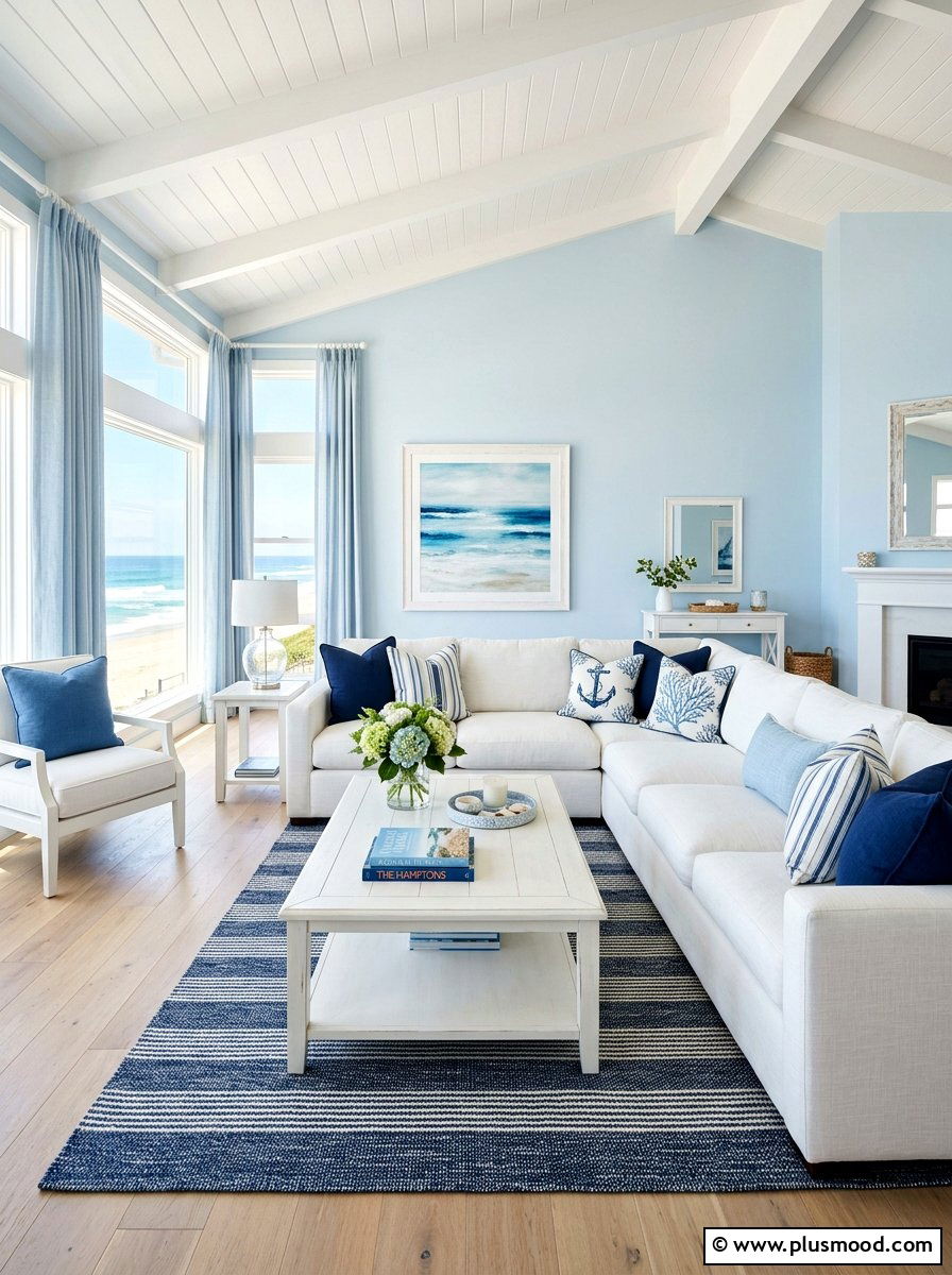 Blue white coastal living room - 25 beachy summer living room ideas