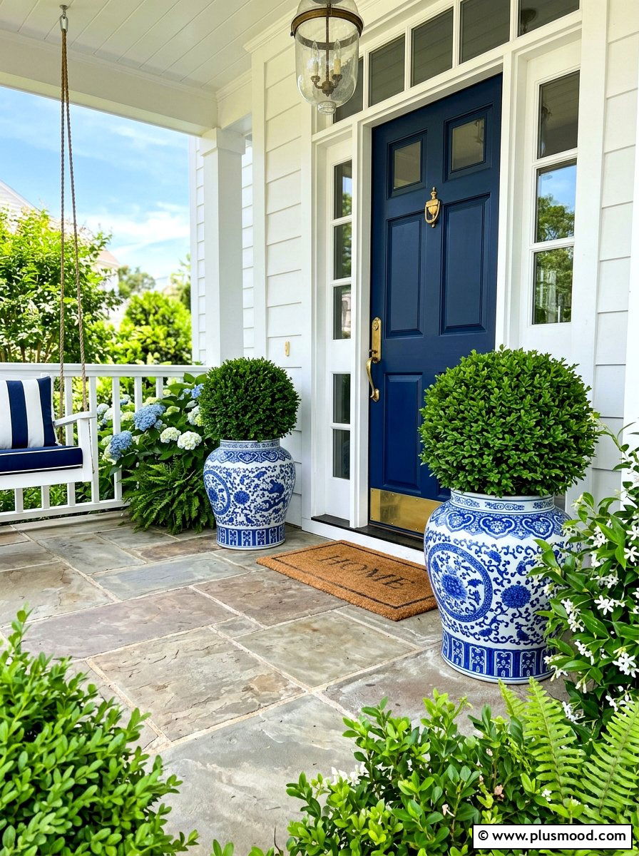 Blue white ginger jar planters - 25 summer front porch decor ideas with topiaries