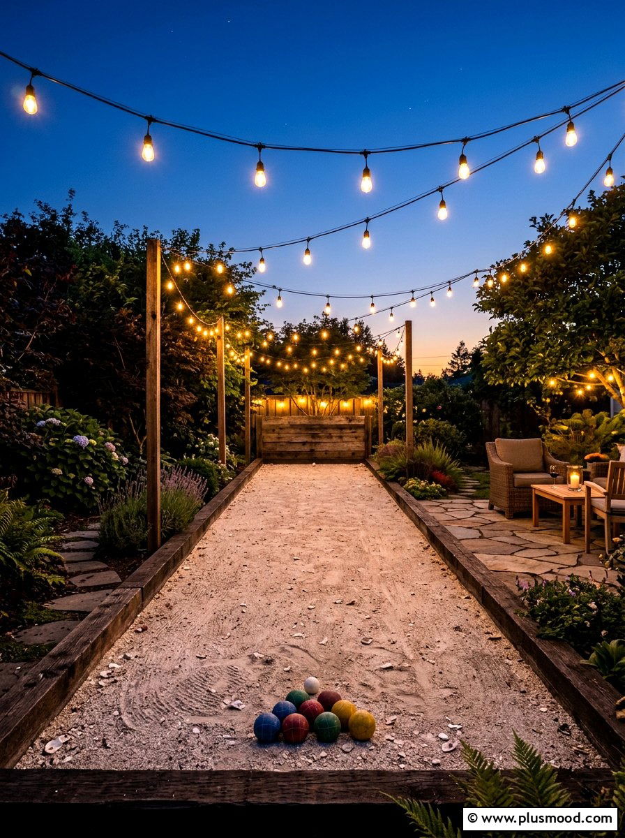 Bocce court with bistro lighting - 25 small backyard ideas with bocce court
