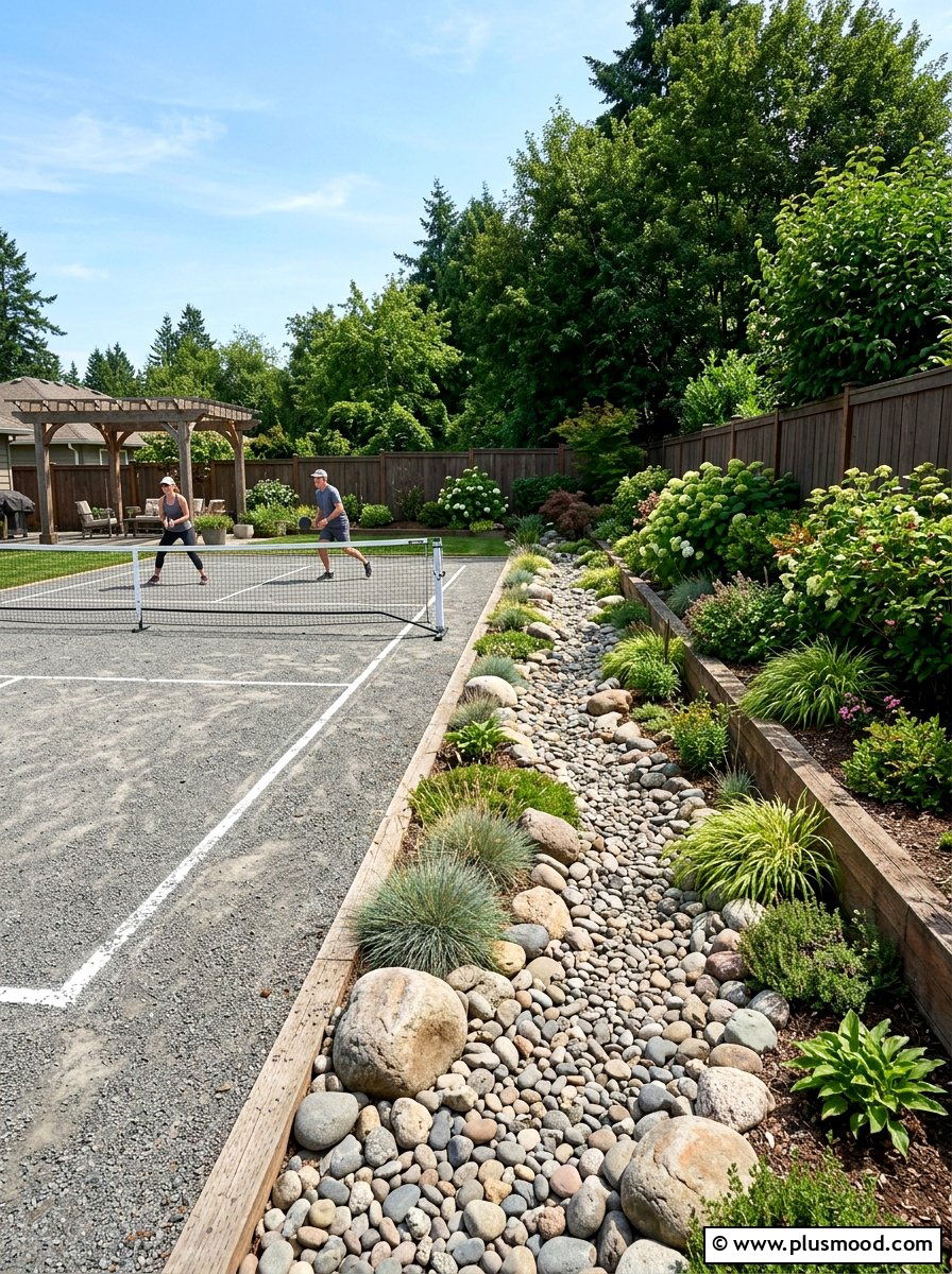 Bocce court with dry creek bed - 25 small backyard ideas with bocce court