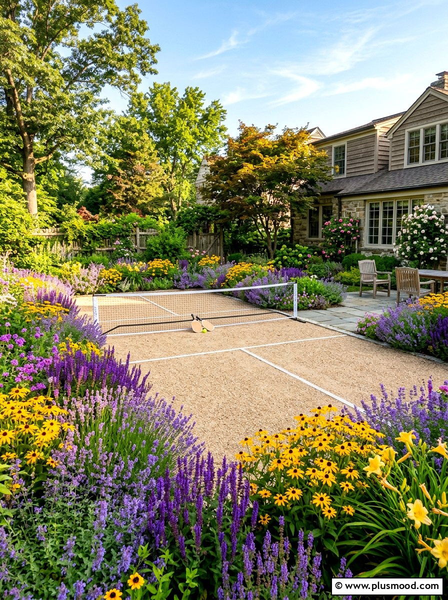 Bocce court with flower border - 25 small backyard ideas with bocce court
