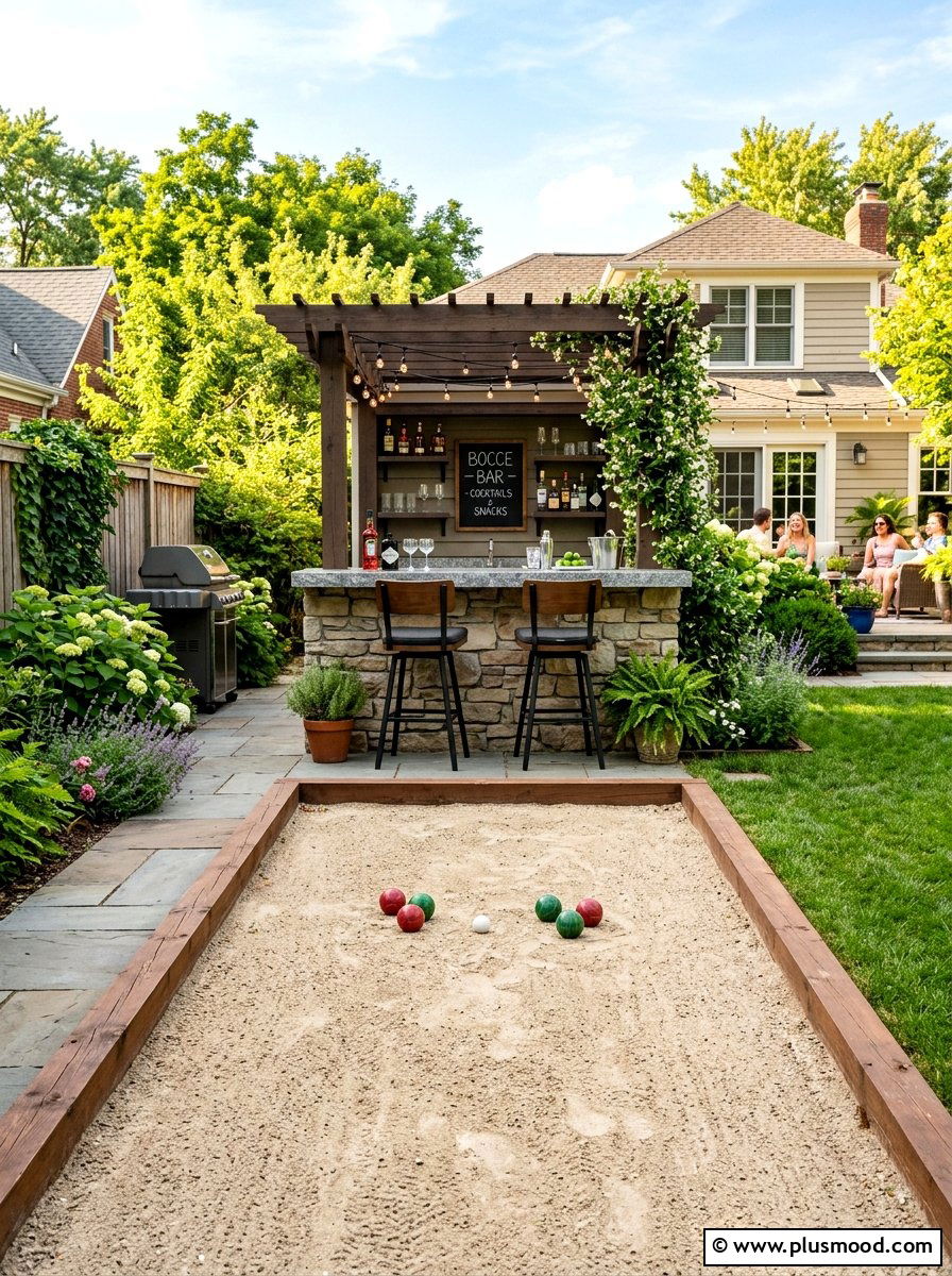 Bocce court with outdoor bar - 25 small backyard ideas with bocce court