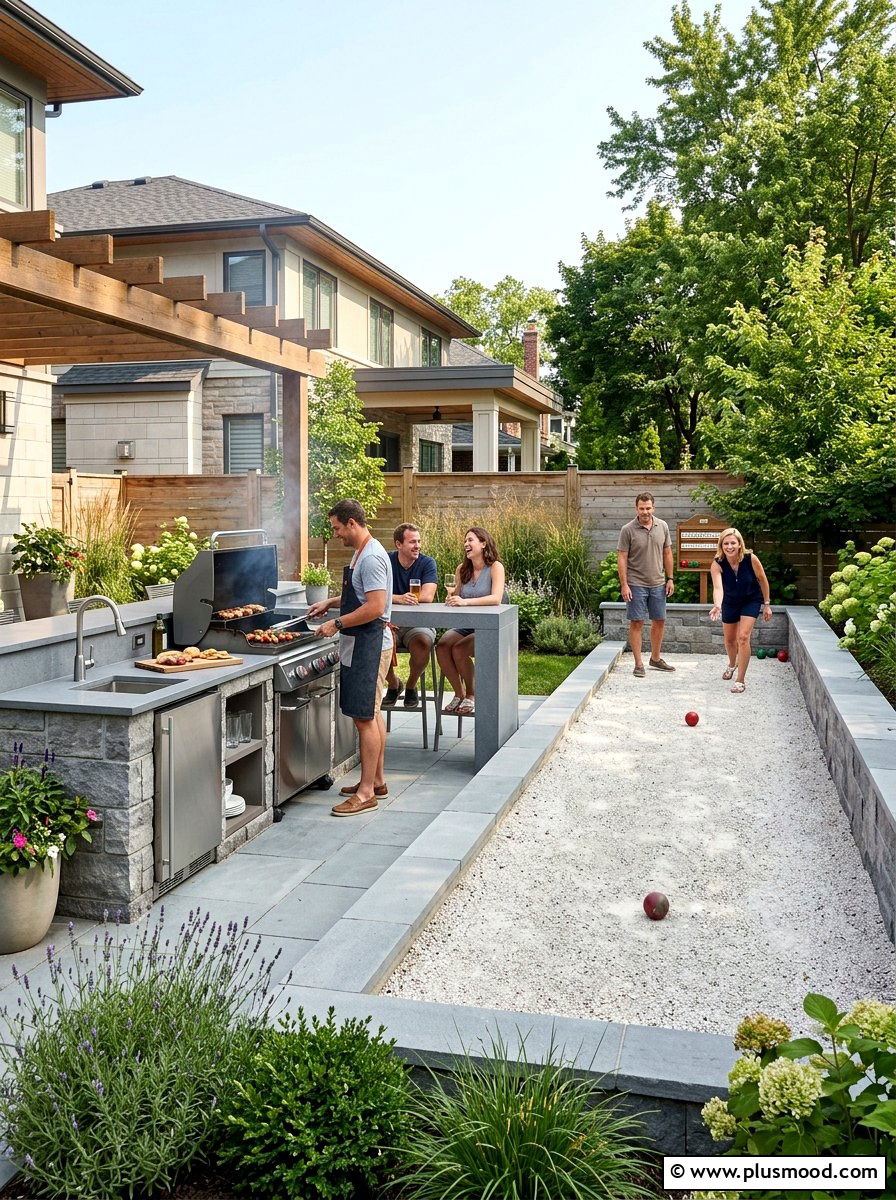 Bocce court with outdoor kitchen - 25 small backyard ideas with bocce court