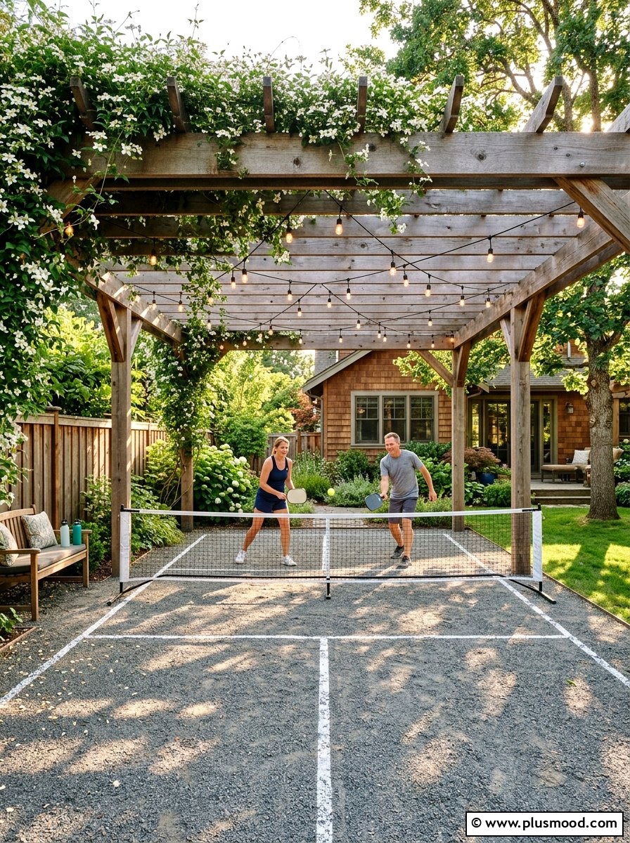 Bocce court with wooden pergola - 25 small backyard ideas with bocce court