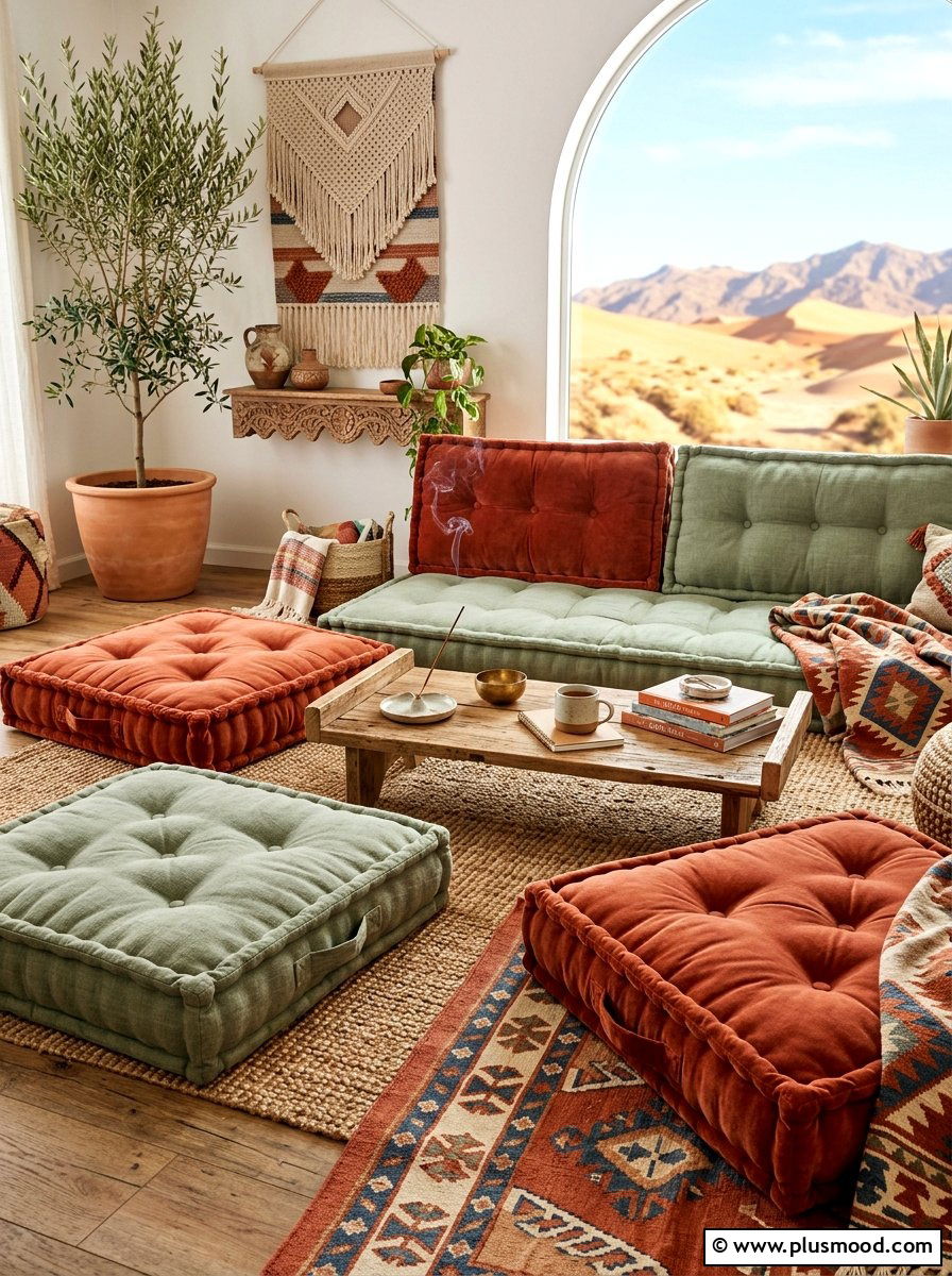 Bohemian Floor Cushion Seating - 25 summer cozy apartment patio ideas