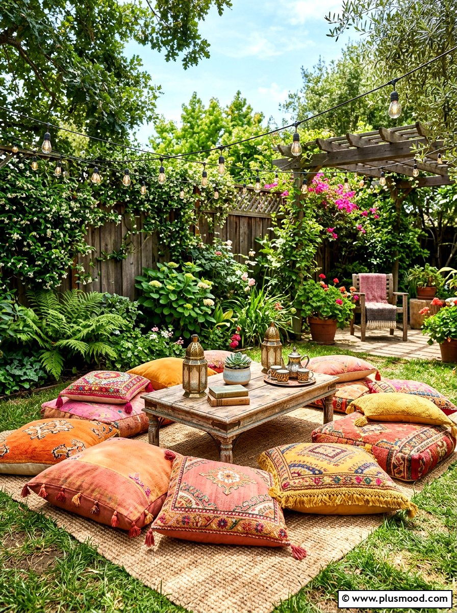 Bohemian Floor Cushions - 25 summer backyard ideas for small spaces