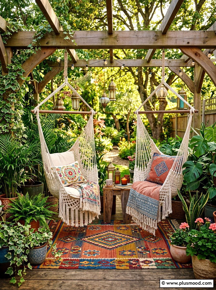 Bohemian Hanging Chair Nook - 25 summer covered patio ideas