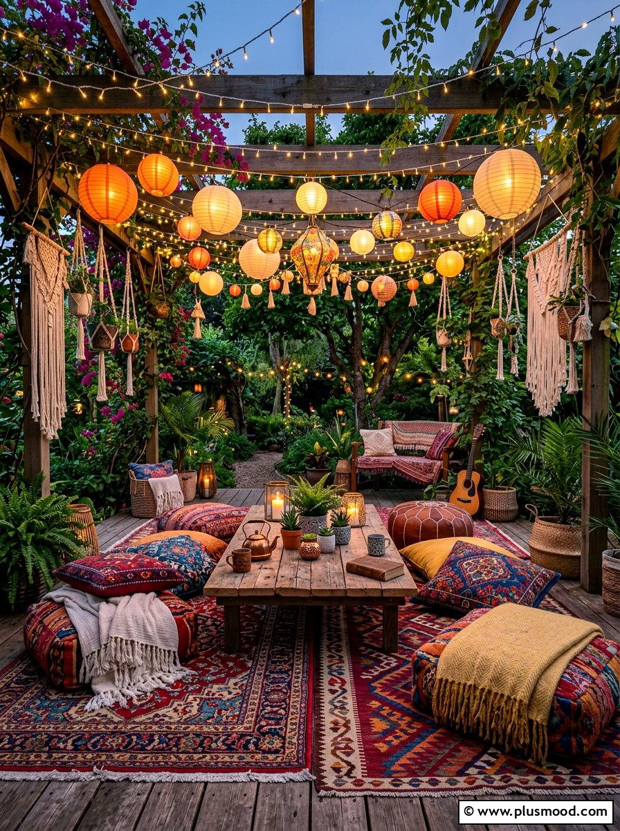 Bohemian Outdoor Lounge - 25 summer string light party ideas