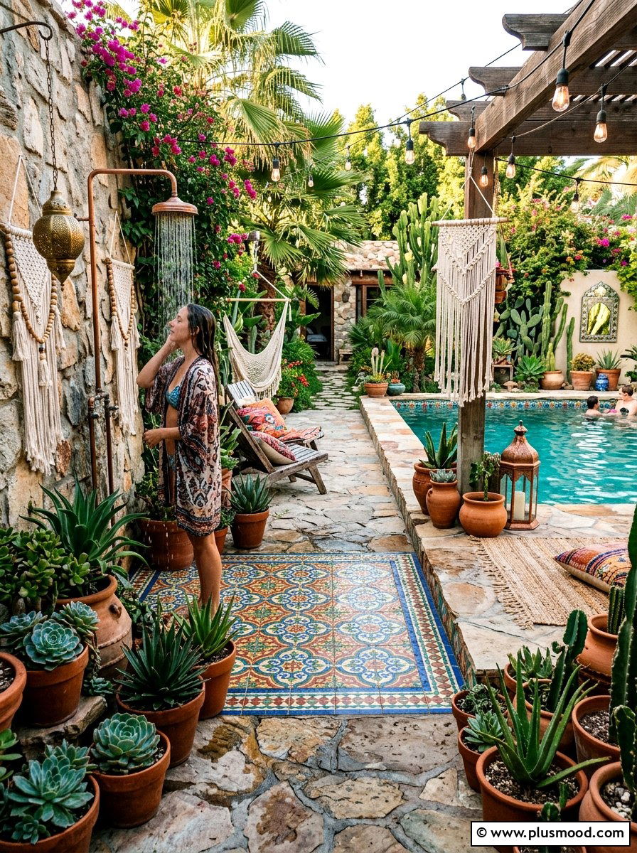 Bohemian Pool Surround With Potted Plants - 25 pool landscaping ideas with outdoor shower