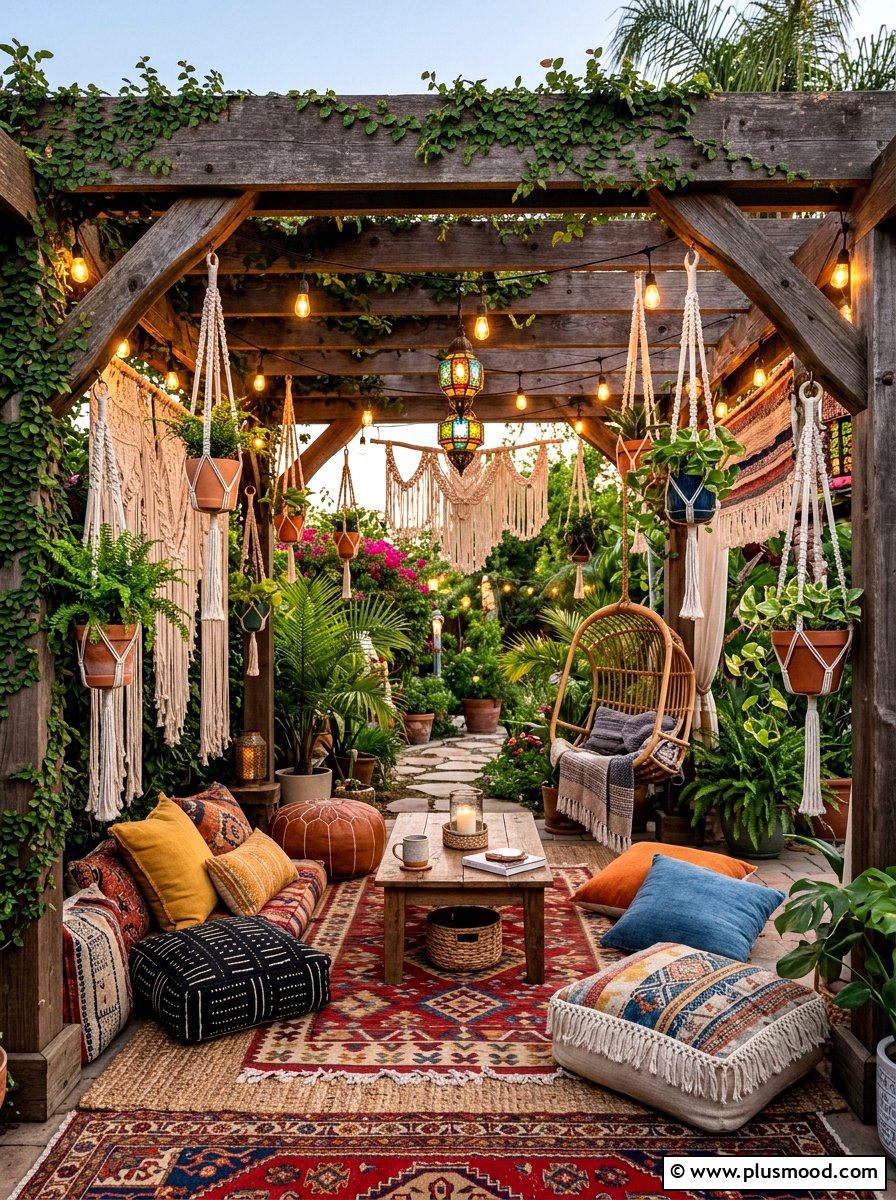 Bohemian Poolside Pergola - 25 pool landscaping ideas with pergola and vines