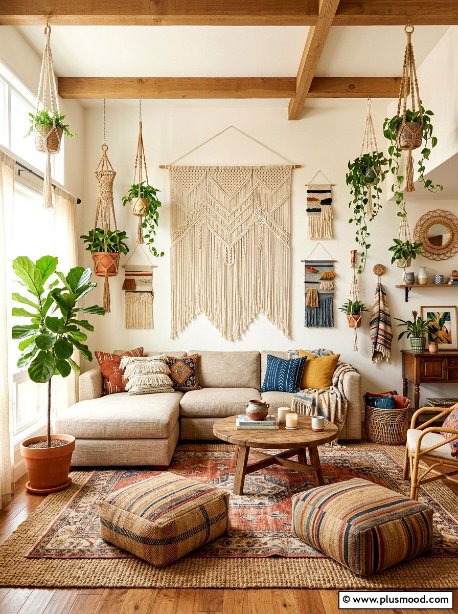 Bohemian Style Macrame Living Room - 25 summer decor ideas for beige living room