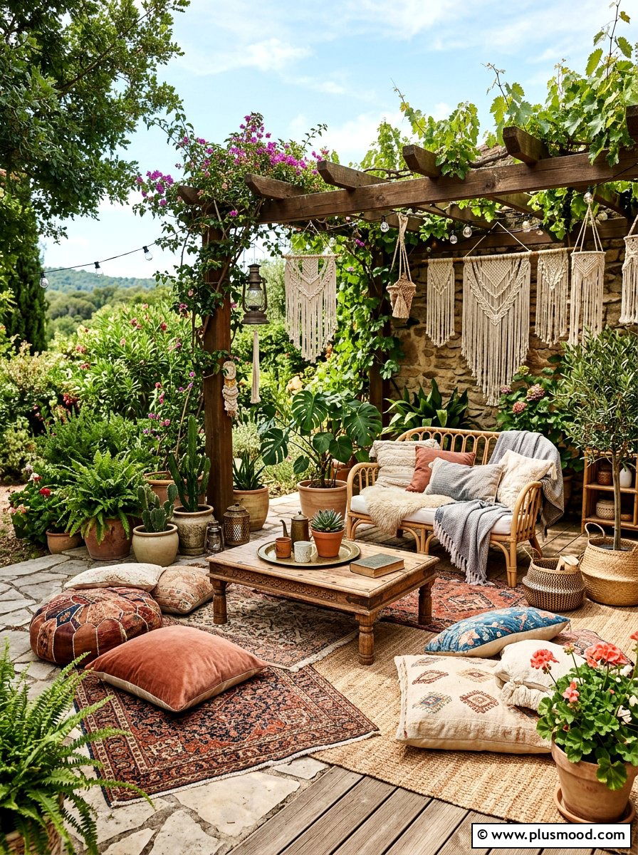 Bohemian Style Patio - 25 small backyard ideas with patio