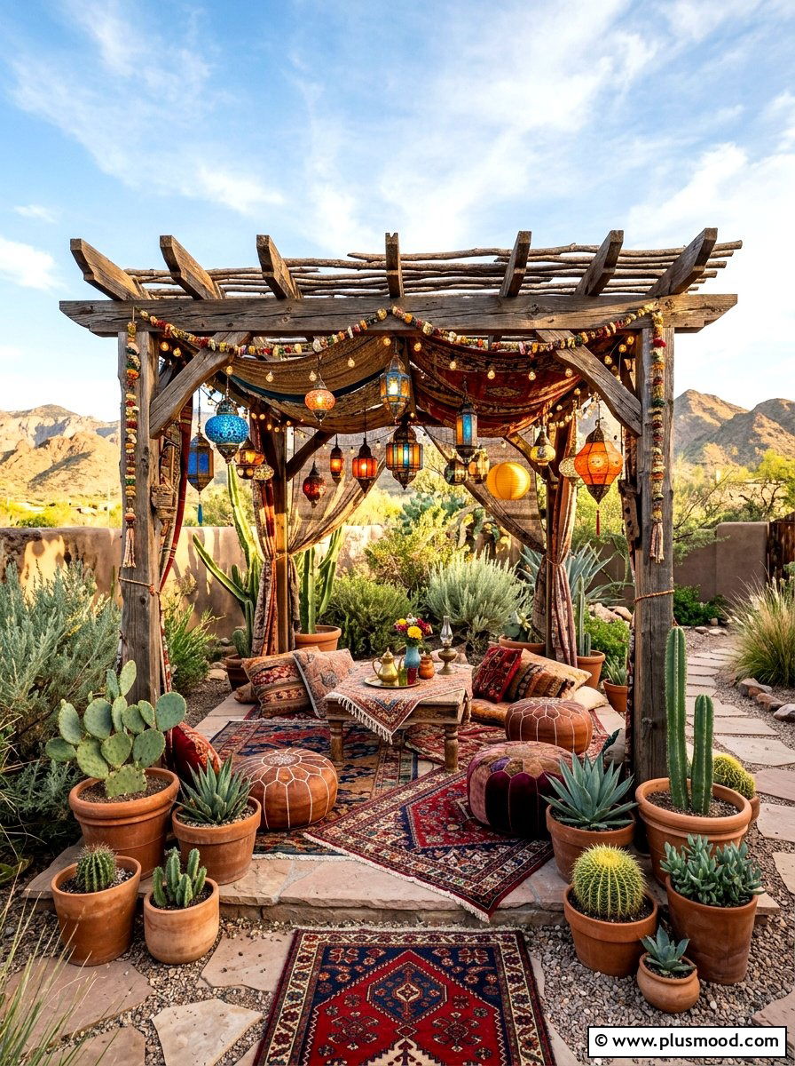 Bohemian Style Pergola - 25 small backyard ideas with pergola